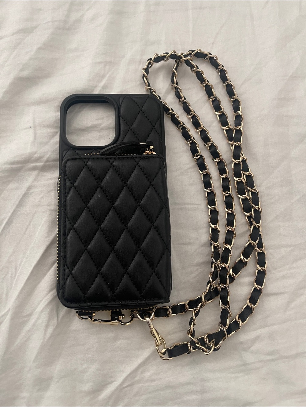 Quilted Black Crossbody Phone Case with Gold Chain Strap